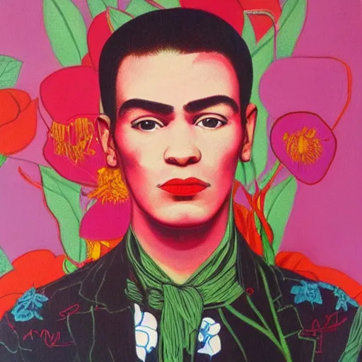 Prompt: detailed oil painting of matgot robbie in detail with flowers by james jean, by andy warhol, by frida kahlo