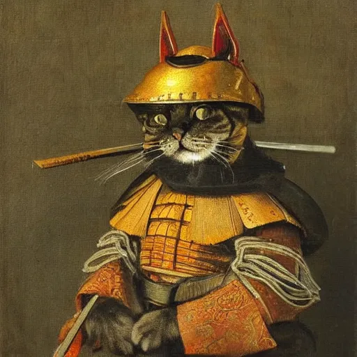 Prompt: a cat samurai in Japanese armour and helm, oil painting, by Rembrandt