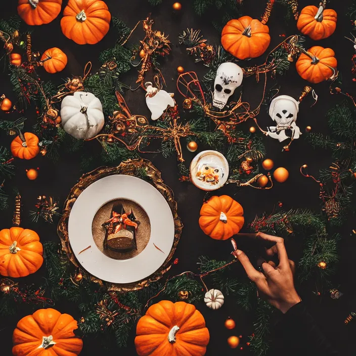 Prompt: [ christmas - halloween ]!! aesthetic!!, trending on unsplash, [ 4 k photorealism ]!!, professional photography, [ overhead view of a table ]!!, shot by jimmy nelson