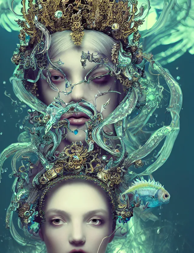 Image similar to baroque bedazzled gothic royalty frames surrounding a goddess macro close - up portrait wigh crown made of ram skull. betta fish, jellyfish phoenix, bioluminiscent, plasma, ice, water, wind, creature, super intricate ornaments artwork by tooth wu and wlop and beeple and greg rutkowski