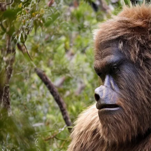 Prompt: National Geographic photo of Sasquatch in the Australian bush telephoto close up