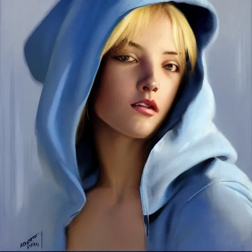 Image similar to greg manchess portrait of a beautiful girl with blonde hair, wearing a blue hoodie, medium shot, white background, asymmetrical, profile picture, organic painting, matte painting, bold shapes, hard edges, street art, trending on artstation, by huang guangjian and gil elvgren and sachin teng and wlop and rossdraws and greg rutkowski