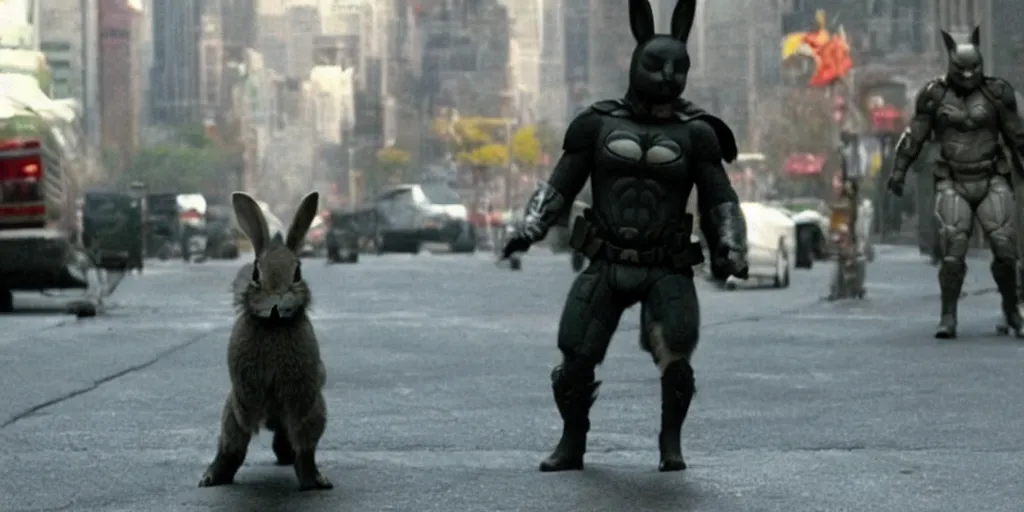 Prompt: a rabbit in the movie the dark knight screenshot