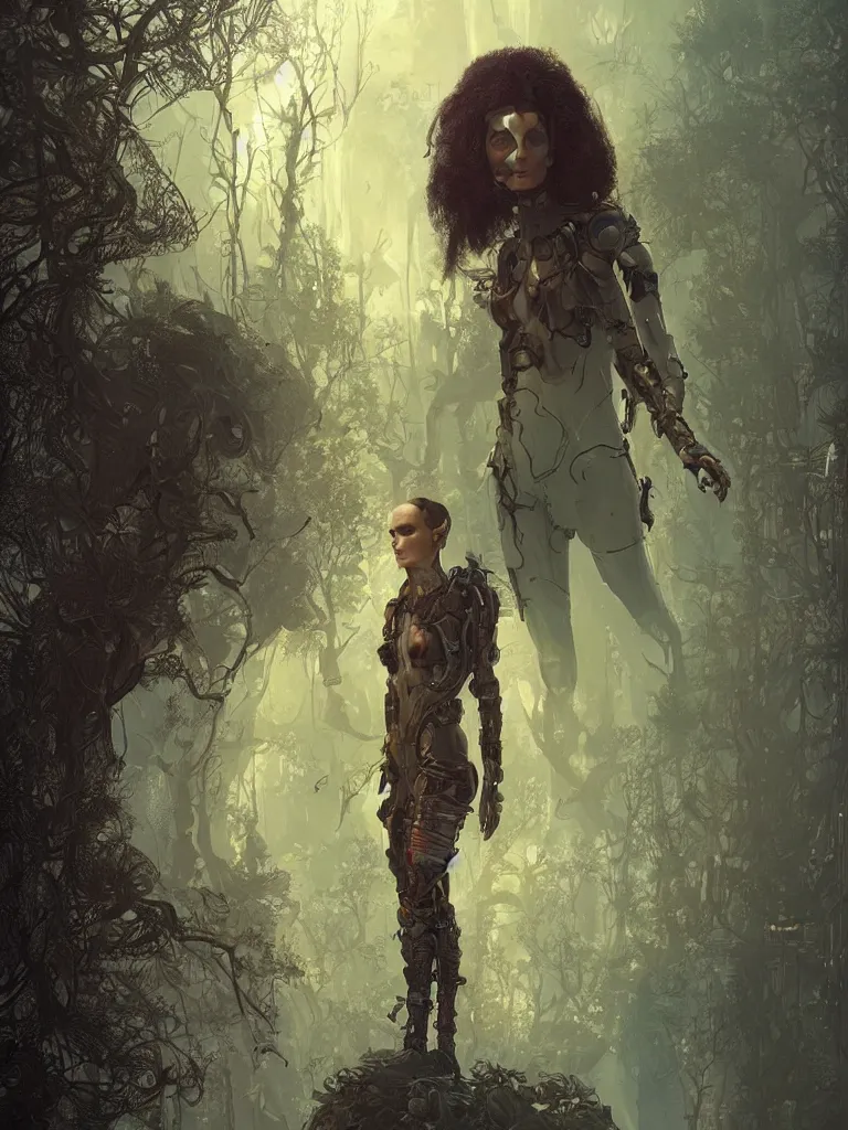 Image similar to a hyperrealistic cyberpunkpunk portrait of a gorgeous woman in the movie Annihilation, with mutated trees and trees and fractal sunlight, award-winning, masterpiece, in the style of Tom Bagshaw, Cedric Peyravernay, Peter Mohrbacher