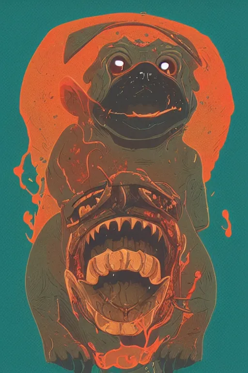 Image similar to demon pug eating flesh. art by mike winkelmann, sticker, colorful, illustration, highly detailed, simple, smooth and clean vector curves, no jagged lines, vector art, smooth