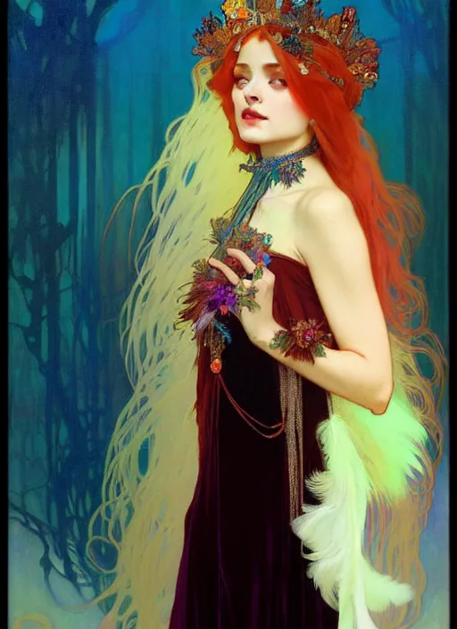 Image similar to ombre velvet gown, feathers, vivid colors, lovely dark autumn princess, portrait, long hair, tiara, jeweled choker, by alphonse mucha, brom, greg rutkowski, anato finnstark