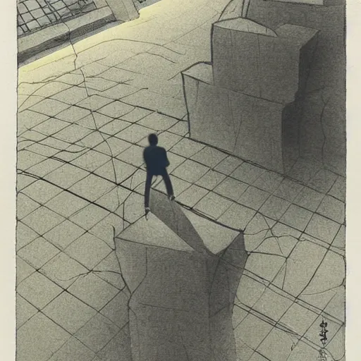 Image similar to manga illustration, two men standing at the edge of reality, dynamic perspective, y 2 k, unknown