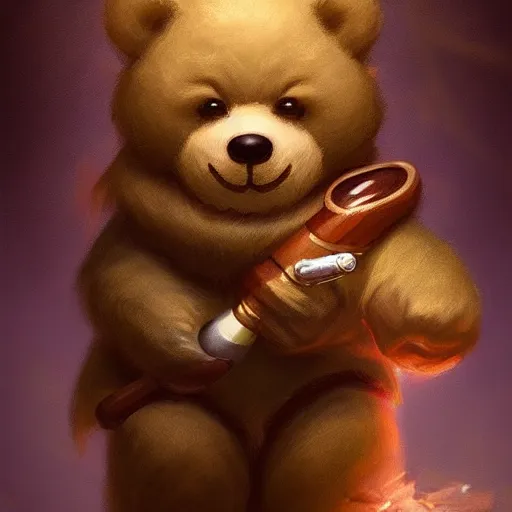 Prompt: cute little anthropomorphic Teddy Bear smoking a cigar, cover art, ultra wide lens shot , tiny, small, short, cute and adorable, pretty, beautiful, DnD character art portrait, matte fantasy painting, DeviantArt Artstation, by Jason Felix by Steve Argyle by Tyler Jacobson by Peter Mohrbacher, cinematic lighting