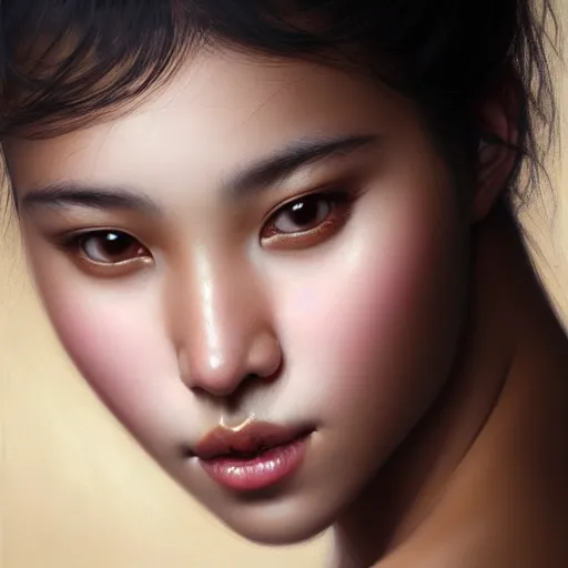 Image similar to portrait of a beautiful woman, square-faced, sand-colored skin, harried bun of black hair, korean, soft details, dark brown eyes, matte painting oil on canvas by mark arian by artgerm, trending on artstation, 4k, 8k, HD