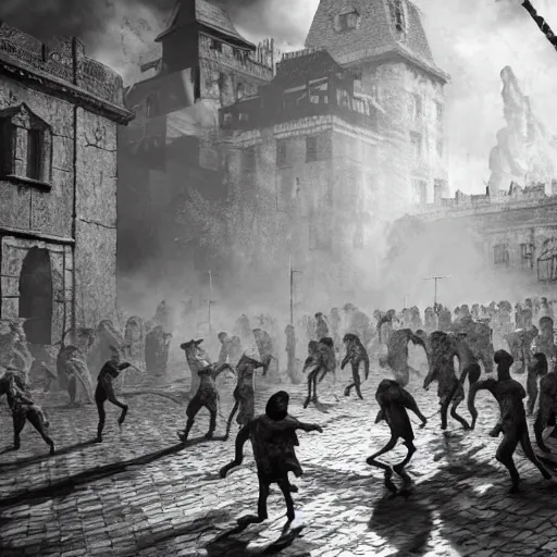 Prompt: zombies attack the medieval city in the style of kentaro miura, 4 k, 8 k, absolute detail of even the smallest details and particles, beautiful shadows, beautiful art, black and white drawing