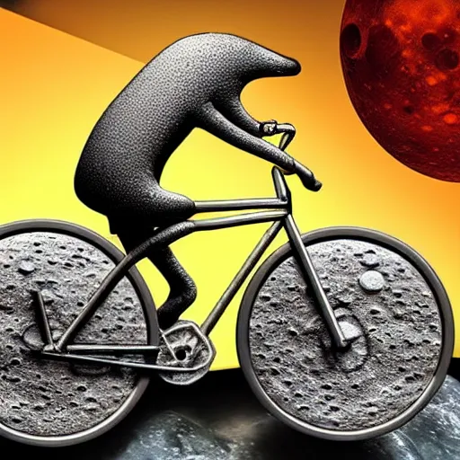 Image similar to a stainless steel bike, with swiss cheese wheels, there is a rat cycling on the surface of the moon and, drives away from a huge dangerous mushroom, explosion clouds. photorealistic