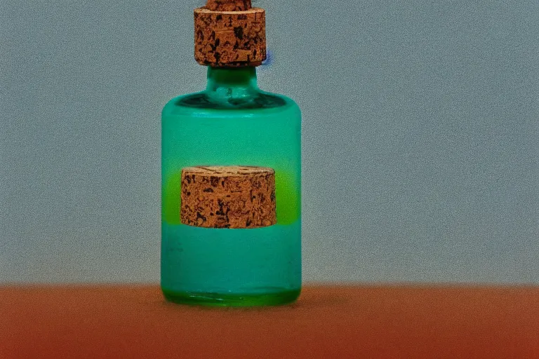 Image similar to small potion with a cork top filled with a green and turquoise gradient liquid, on a desk, old film photo