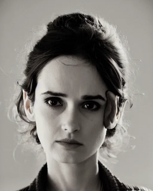 Image similar to young winona ryder wearing a futuristic metal kimono, half body portrait, greg kutkowski, sharp details, subsurface scattering, pearls of sweat, glistening skin, warm lighting