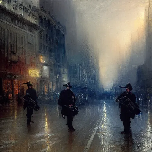 Prompt: highly detailed painting of metrocops patrolling city - 1 7, shotgun in hand, streets of nyc, by william turner, by greg rutkowski, by william constable, thick brush strokes and visible paint layers, 4 k resolution