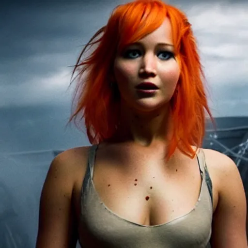 Prompt: still of Jennifer Lawrence as orange-haired Leelu in a remake of The Fifth Element (2029)