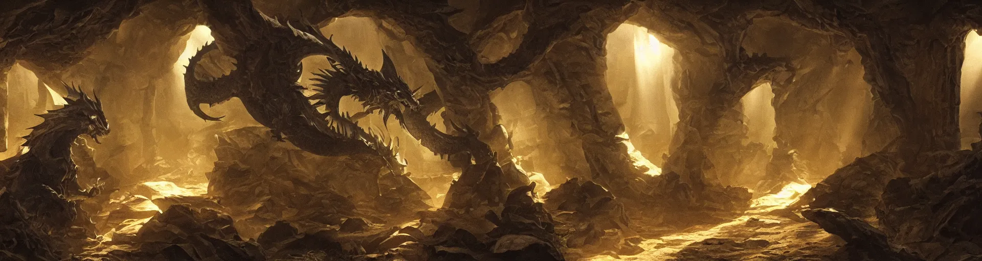 Prompt: A Dragon guards a vast treasure in it's lair, shafts of sunlight appear from missing parts of the interior. Chiaroscuro style painting. 4K.