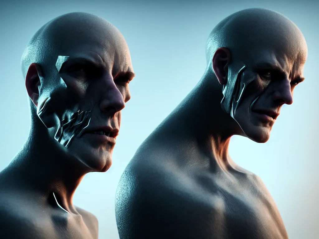 Prompt: a man with half a head in a marvel movie, science fiction industrial hard science concept art, 8K render octane high definition cgsociety, photorealistic, unreal engine
