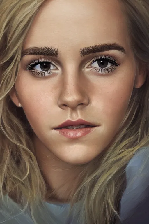 Image similar to An extremely beautiful detailed close up portrait of a blonde haired Emma Watson, green eyes, long hear, round face, artstation, oil painting, award winning