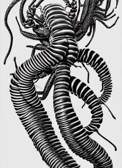 Image similar to line art pencil drawing of a scolopendra that turns into a woman, art by shinichi sakamoto and kentaro miura