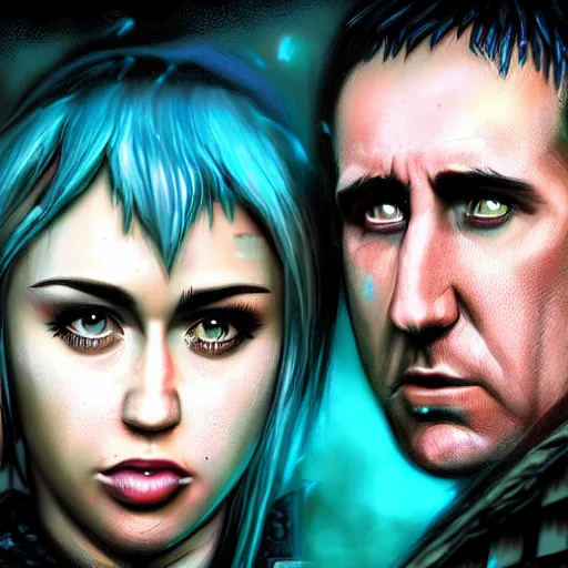 Image similar to An epic fantasy comic book style portrait painting of very imposing Industrial goths Trent Reznor and Miley Cyrus in the rain, wet hair, neon reflections, character design by Mark Ryden and Pixar and Hayao Miyazaki, unreal 5, DAZ, hyperrealistic, octane render, cosplay, RPG portrait, dynamic lighting, intricate detail, cinematic