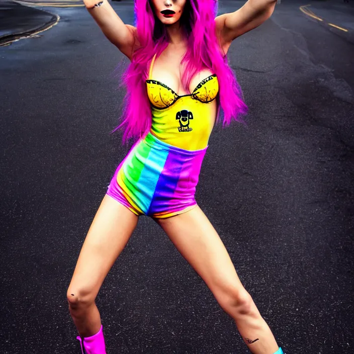 Image similar to fully body pose, photo of a very beautiful!! victoria secret model, skull woman, rainbow hair, overalls, short shorts, fishnets, combat boots, wet t shirt, raining, 8 k, hdr, smooth, sharp focus, high resolution, award - winning photo, trending on artstation, dslr, 5 0 mm