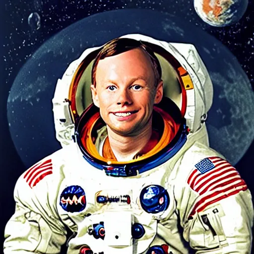 Prompt: disney weta portrait of neil armstrong, highly detailed, with apollo spaceship imagery, in the style of posters from 1 9 6 7