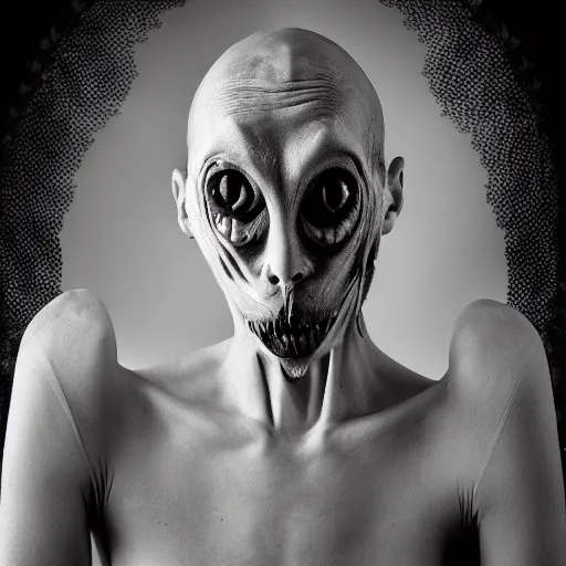 Image similar to artistic photoshoot of a mothan hybrid, grotesque, body horror, mutant shaming, creepy, terrifying, 8 k hdr 8 0 mm wide angle portrait, high contrast black and white, insectoid n