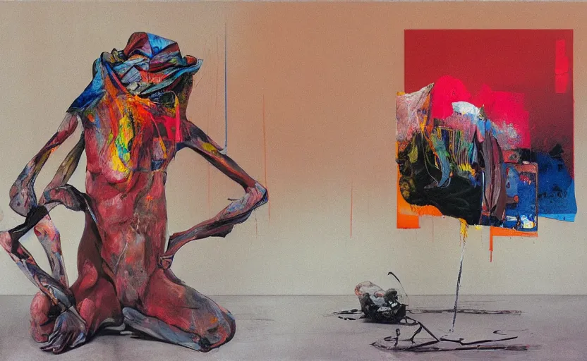 Prompt: an empty room in the style of constructivism, exhibition of paintings and art, trash bag on head, blurred, grotesque, doomed, neural acrylic paint, high resolution, gouache on canvas, ultra detailed, vibrant colors, grotesque, wrapped thermal background, art by francis bacon, beksinski painting