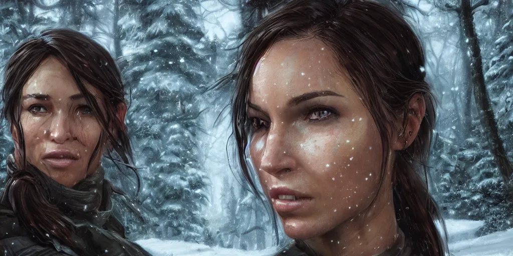 Image similar to close up portrait of lara croft chilling at the winter forest, realistic digital art 4 k, high quality, greg rutkowski, zabrocki, karlkka, jayison devadas, phuoc quan, trending on artstation, 8 k, ultra wide angle, zenith view, pincushion lens effect