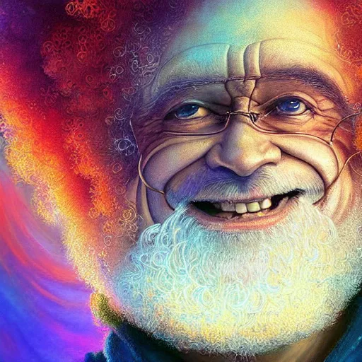 Prompt: bob ross smiling, very positive and really happy with himself on a psychedelic trip, close - up, deep focus, extremely detailed digital painting, vibrant colors, in the style of tomasz alen kopera and fenghua zhong and peter mohrbacher, mystical colors, rim light, beautiful lighting, 8 k, stunning scene, raytracing, octane, trending on artstation