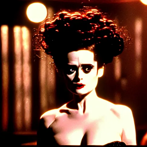 Image similar to cinematic portrait of gentle helena bonham carter as bride of frankenstein as a replicant in a busy nightclub,, still from the movie bladerunner, fashion photography, a sign is in the background, 8 k, high detail, face in focus