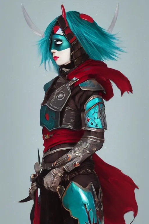 Image similar to female adventurer in tight full - body teal leather armor of japanese design with red accents and a white porcelain crow mask, trending in artstation, japanese, by wlop, establishing shot