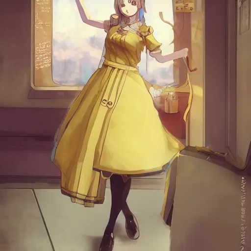 Image similar to A girl in a maid's outfit in a cafe a afternoon, wavy hair yellow theme,S line,45 angel by krenz cushart and mucha and greg rutkowski ,nier:automata inspired-H764