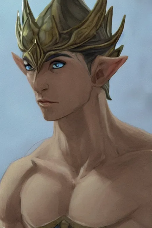 Prompt: serene, Male muscled short haired Elven King,