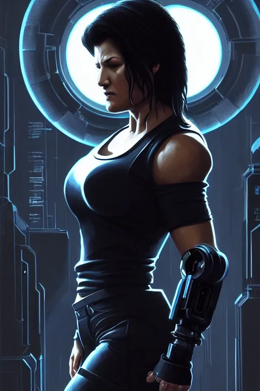 Image similar to gina carano with robotic left arm, casual black clothing, casual pose, large portrait, cyberpunk, digital painting, artstation, concept art, smooth, 8 k frostbite 3 engine, ultra detailed, art by artgerm and greg rutkowski and magali villeneuve