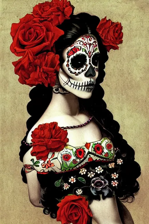 Image similar to illustration of a sugar skull day of the dead girl, art by caravaggio