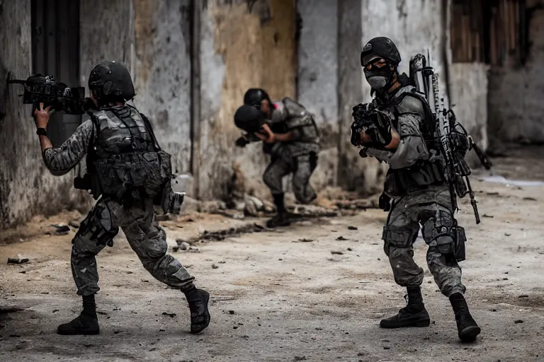 Image similar to Mercenary Special Forces soldiers in grey uniforms with black armored vest and black helmets in urban warfare in Cambodia 2022, Canon EOS R3, f/1.4, ISO 200, 1/160s, 8K, RAW, unedited, symmetrical balance, in-frame, combat photography