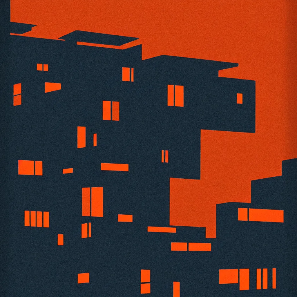 Prompt: kyoto, mads berg, karolis strautniekas, film noir, stippled light, dramatic lighting, editorial illustration, detailed, fine texture, matte print, art deco, brutalism, dark blue + dark orange, red, black, ( ( habitat 6 7 background ) )