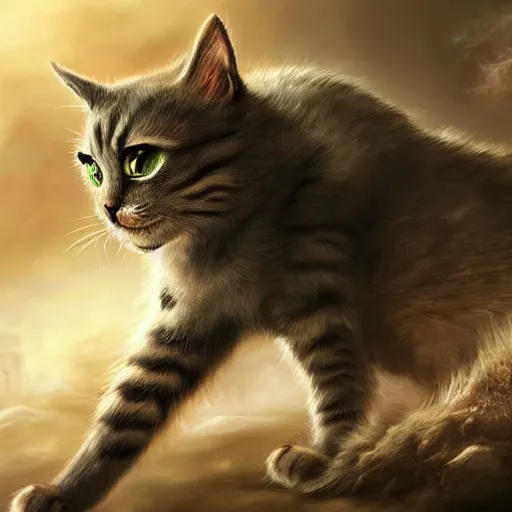 Image similar to a hyper realistic cat warrior, ultra detailed, magic the gathering art, digital art, cinematic, studio lighting, background battlefield, fantasy,