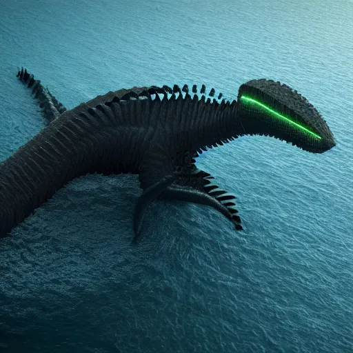 Image similar to a robot similar to the lochness monster in the ocean, octane render, 3D