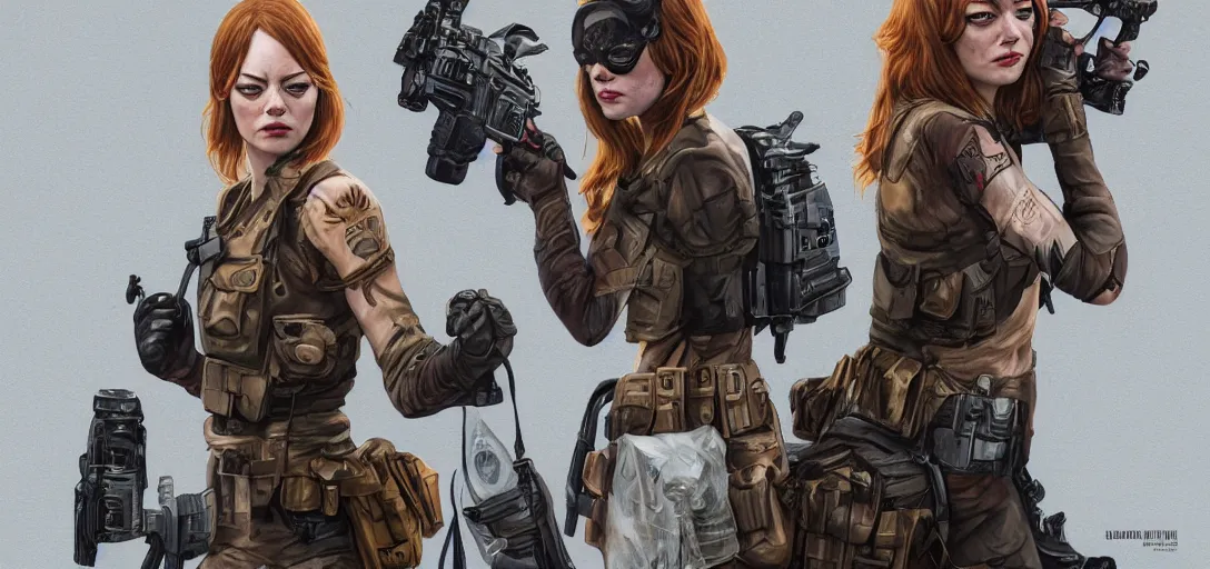 Image similar to character sheet concept art of emma stone as a special forces superhero, gypsy, face paint, realistic, hyperrealistic, photographic, costume, wlop, dan mumford, greg rutkowski, high detail, octane render, alexander mcqueen, james gurney, photo, 8 k, mucha, james jean, intricate