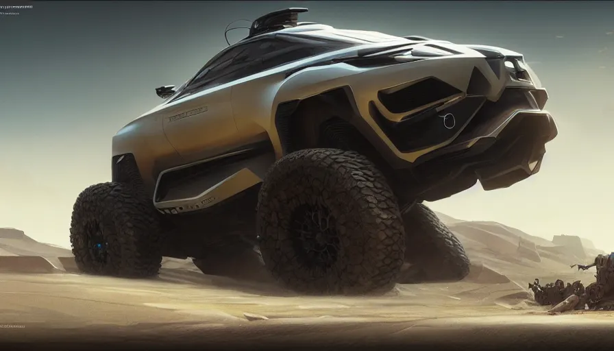 Prompt: a futuristic offroad suv designed by apple, artgerm and greg rutkowski and alphonse mucha, an epic fantasy, volumetric light, detailed, trending on art station, octane render, midsommar