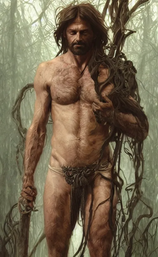 Image similar to portrait of the god of the forest, 40 years old, long hair, rugged, male, gorgeous, detailed face, amazing, exposed thighs!!!!!!, muscular, intricate, highly detailed, digital painting, artstation, concept art, sharp focus, illustration, art by greg rutkowski and alphonse mucha