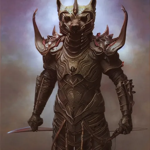 Image similar to daedric armor, realistic face anthropomorphic shiba inu, daedric armor, stuning 3 d render, masterpiece, glowing aura, by donato giancola and greg rutkowski and wayne barlow and zdzisław beksinski