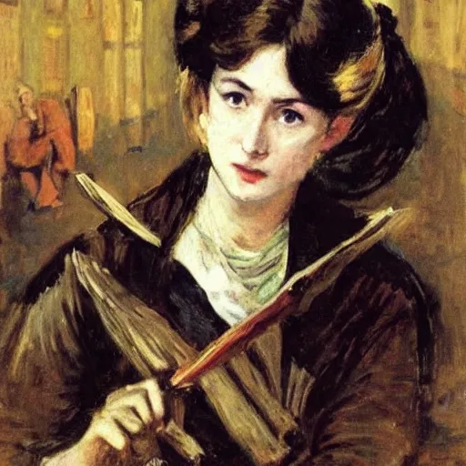 Prompt: female librarian action heroine by alfred stevens