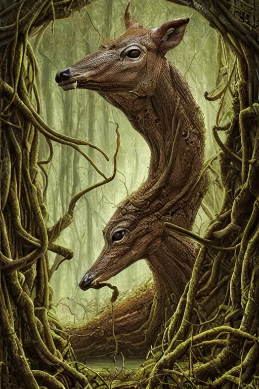 Prompt: deformed swamp deer twisted in vines and sludge by tomasz alen kopera.