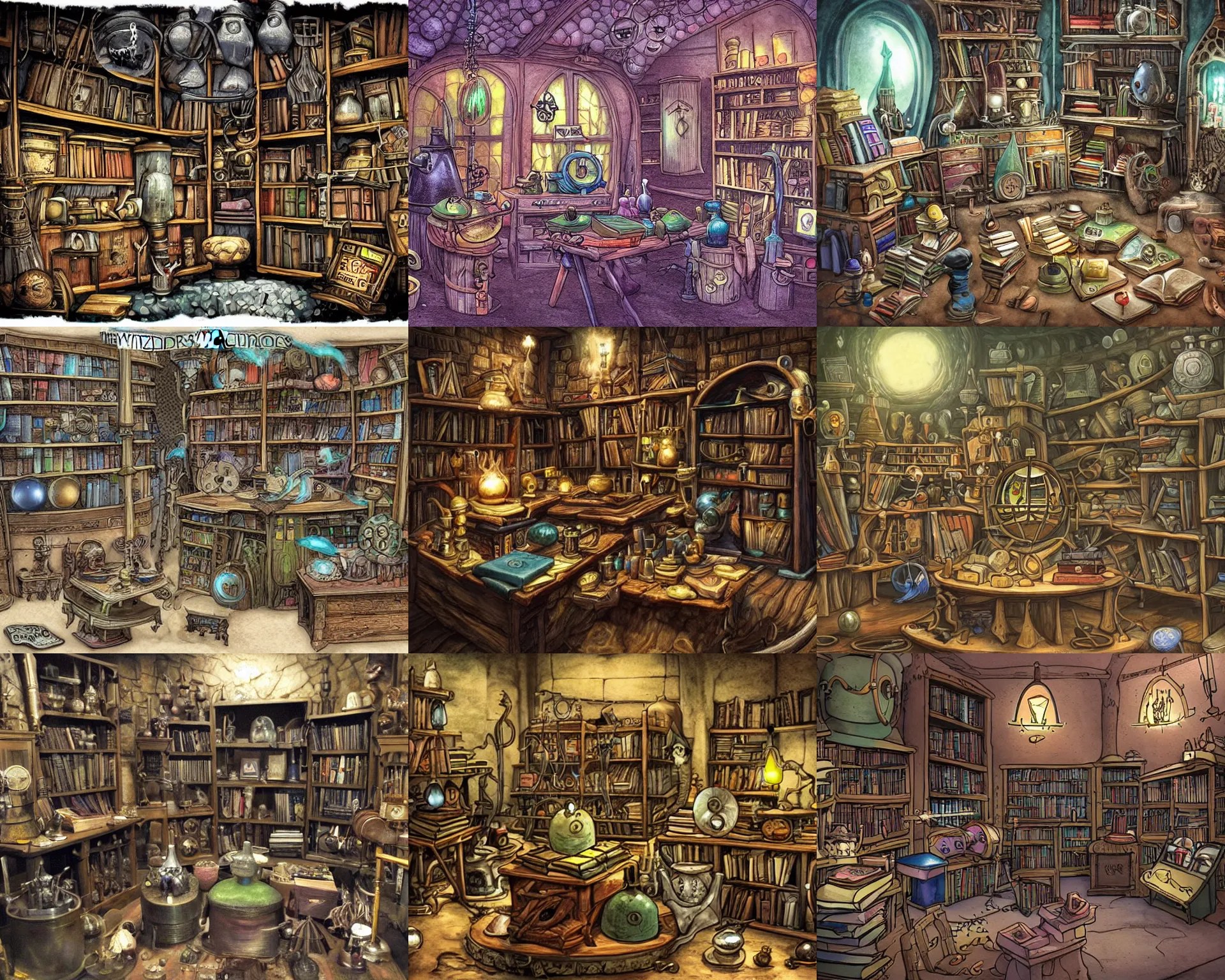 Prompt: wizard's laboratory, full of strange and magical equipment, bubbling cauldrons and books of ancient spells.