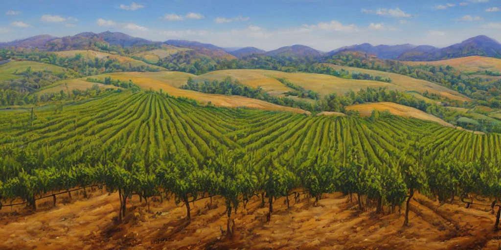 Image similar to a beautiful landscape painting of a sprawling vista with vineyards, by zohar flax, oil on canvas, highly detailed, hd, 4 k