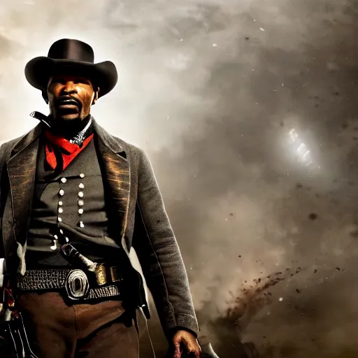 Image similar to Jamie Foxx as Django from Django Unchained in 'Gears of War', splash art, movie still, cinematic lighting, detailed face, dramatic, octane render, long lens, shallow depth of field, bokeh, anamorphic lens flare, 8k, hyper detailed, 35mm film grain