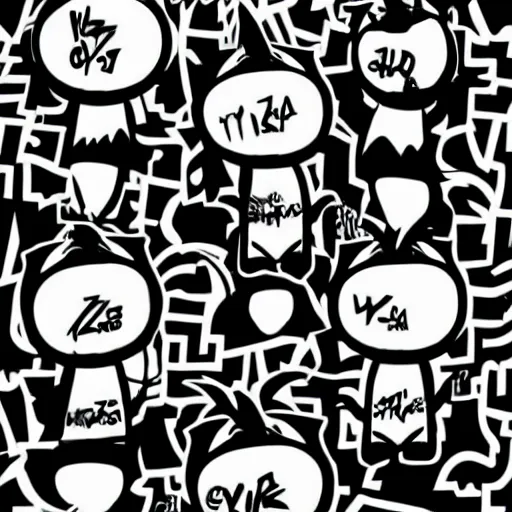 Image similar to zef design black and white color scheme, graffiti, cute characters